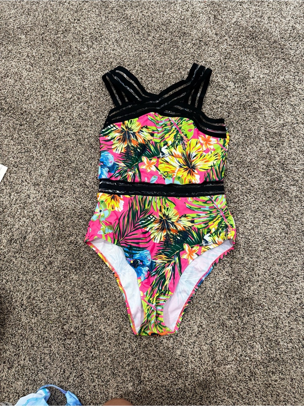 SHEIN Neon Tropical Floral One-Piece Swimsuit with Black Trim